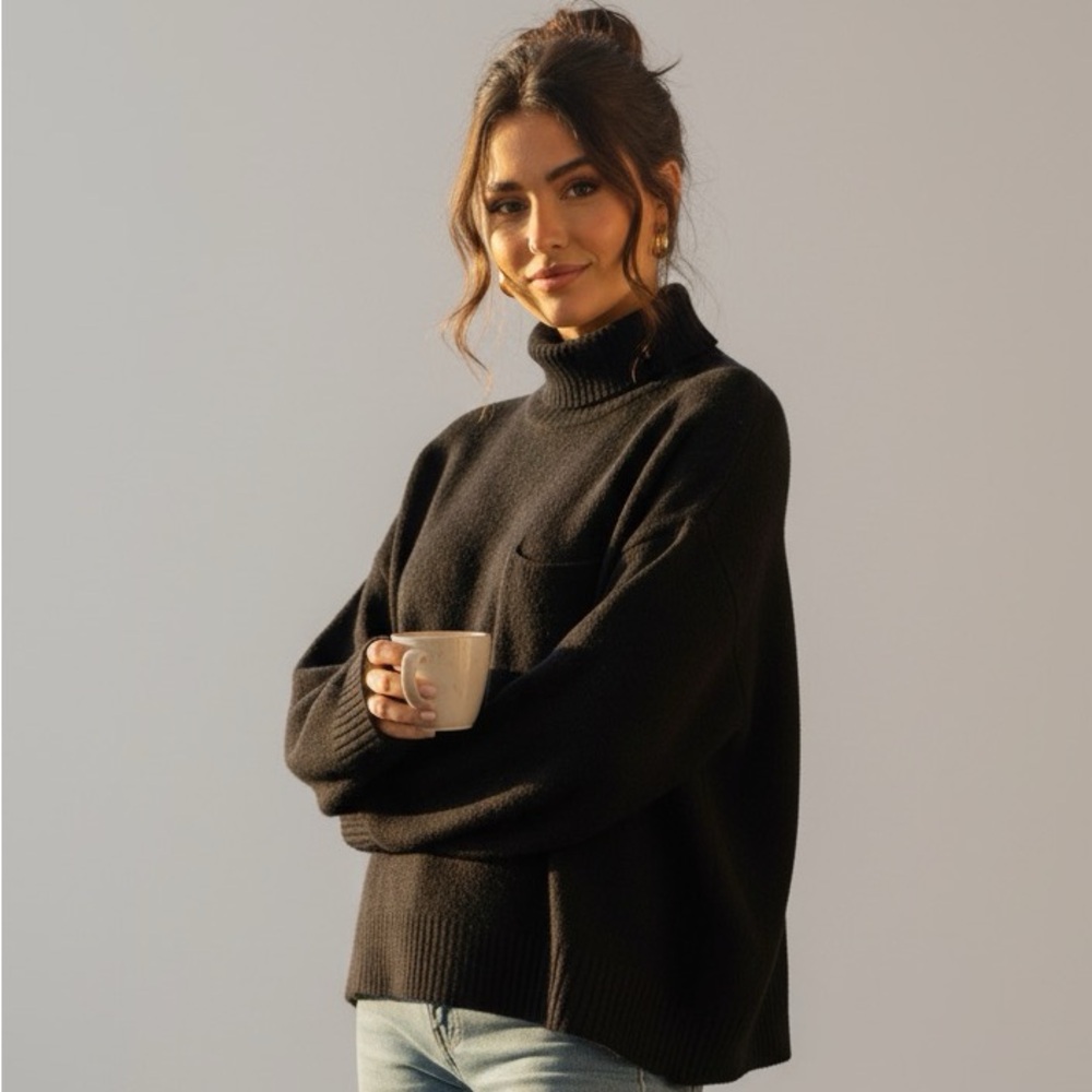 OAK + FORT Oversized Crop Mock Neck Wool Blnd Sweater Knit Turtleneck Boxy Top M - Picture 1 of 14